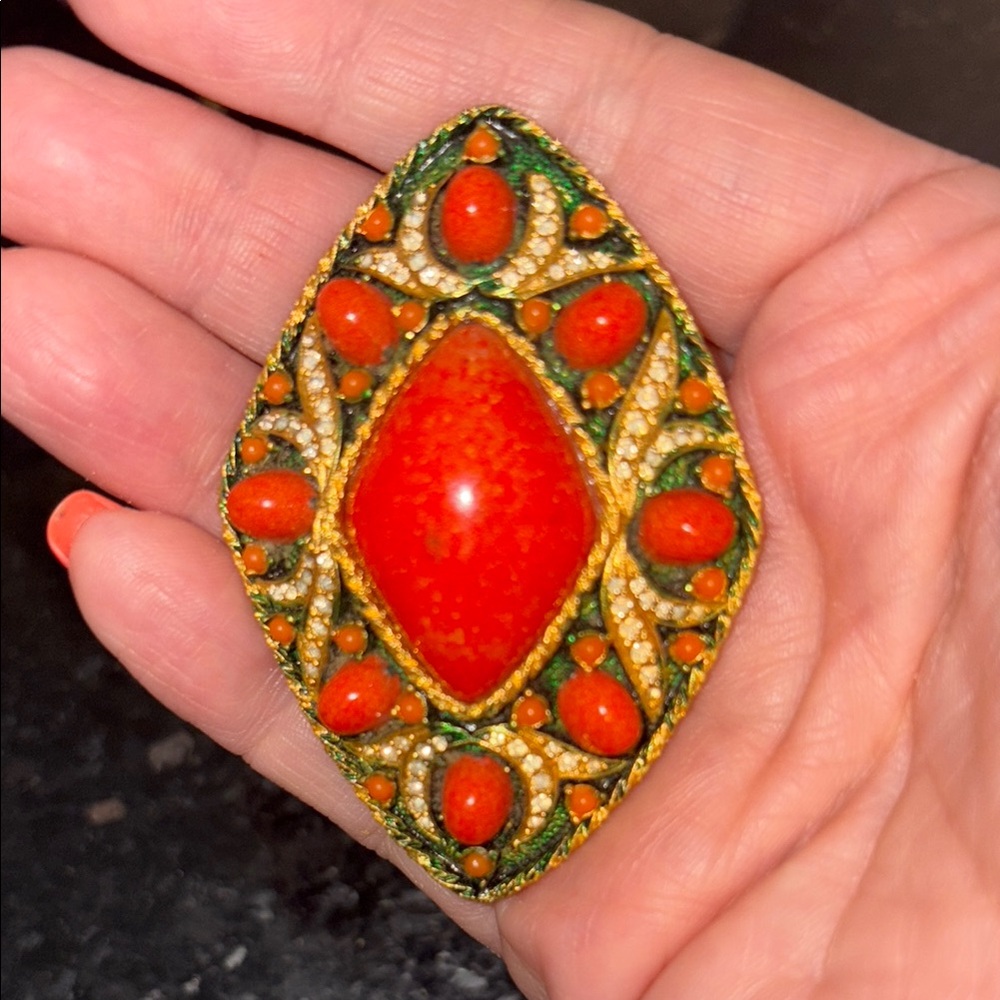 Marvella vintage  Faux Coral Bead Clear Rhinestone Brooch.